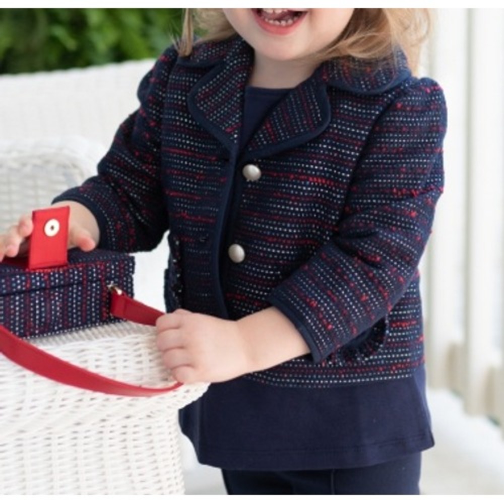 Janie and Jack Boucle Tweed Jacket Girls 7 Navy Blue Red Button Preppy